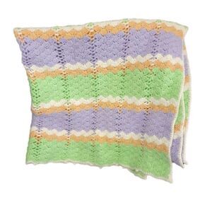 VNTG Hndmd Crocheted Knit Striped Blanket